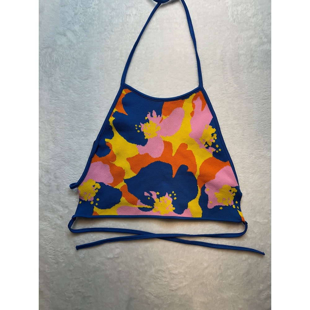 Zara Floral Knit Halter Top Blue Orange Pink Yellow Cropped Tie Back Size M -203